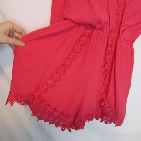 New Anthropologie Elevenses Pink Romper Medium Lace V-Neck Long Sleeves - Picture 3 of 7